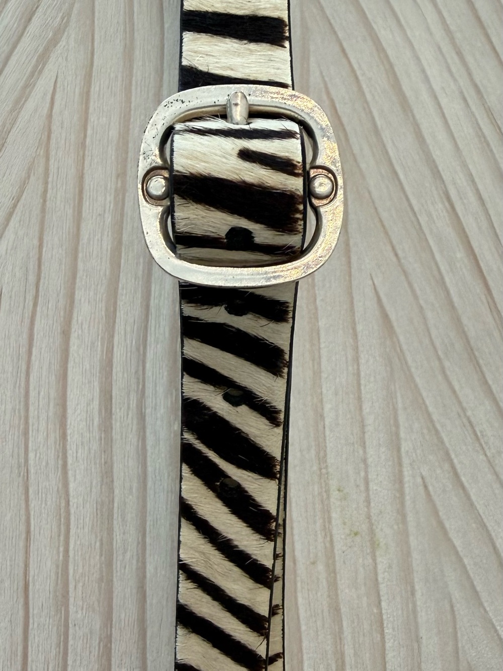 Coldwater Creek Black and Cream Zebra Print Leather Belt with Silver Buckle